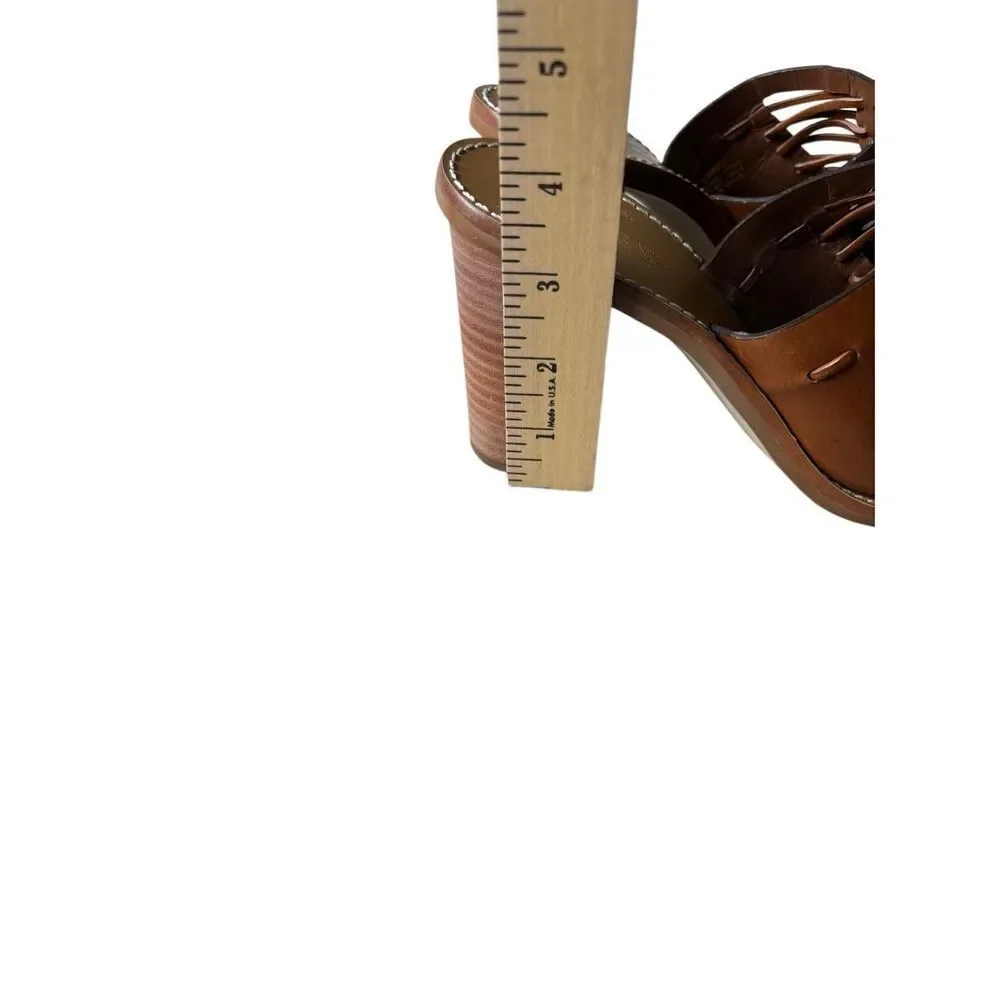 J. Crew Marlow Huarache Leather Mules Sandals size 7.5 Block Wood Heel‎ Brown